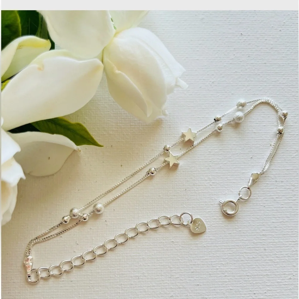 925 Sterling Silver  Double Star and Bead Charm Bracelet